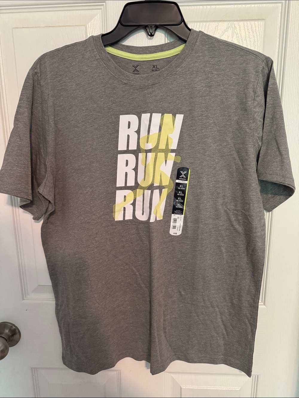 NWT Xersion Boys Gray 'RUN' Graphic Tee with Yellow Accent